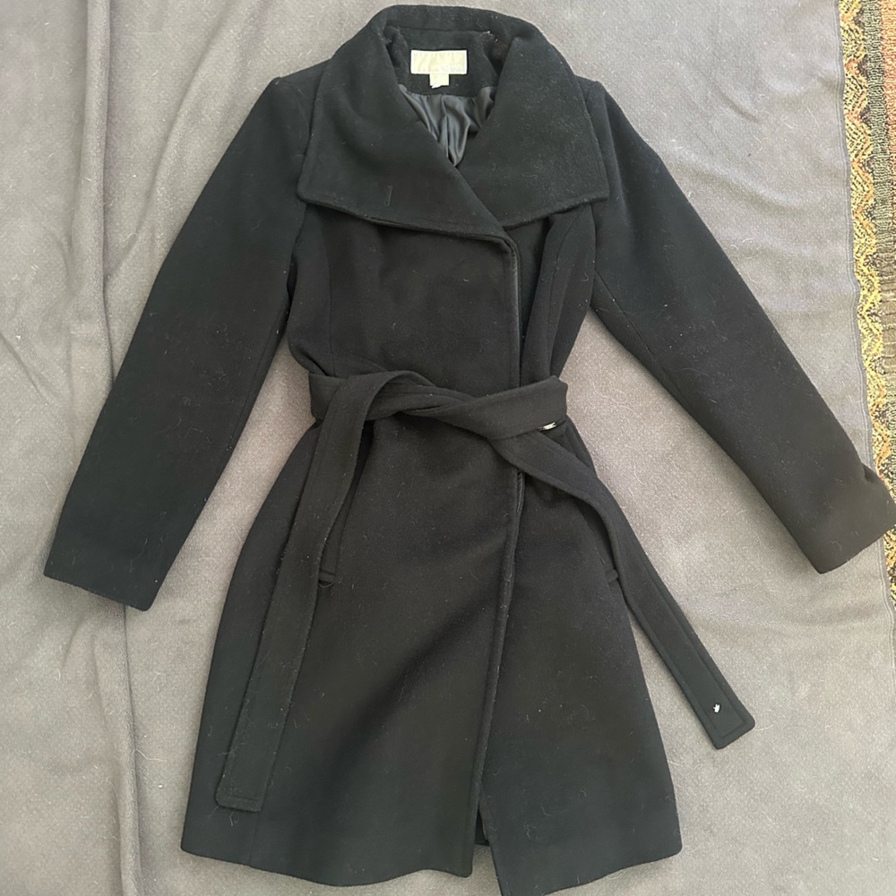 MICHAEL Michael Kors Black Wrap Belted Wool-Blend Coat